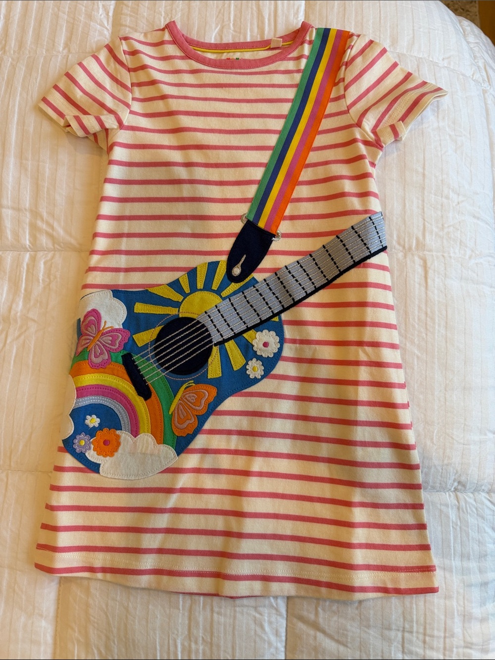 Mini Boden  Girls Striped Guitar Applique Dress “new”